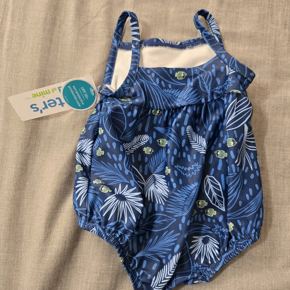 Carters Child Be Mine 1 Piece Swimsuit Infants 0-3 Months Blue with Fish Flowers